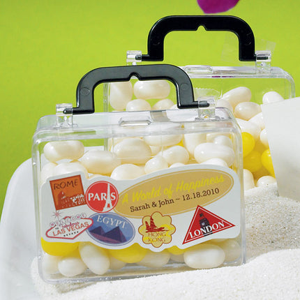 Personalized World of Happiness Wedding Favor Sticker on the Mini Suitcase Wedding Party Favor (not included).