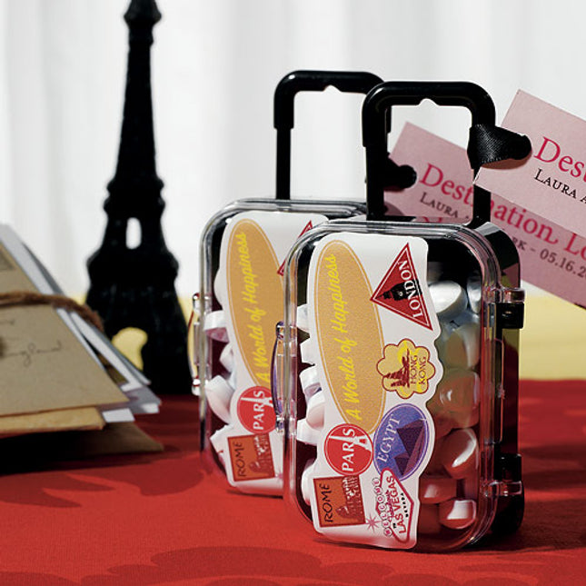 Personalized World of Happiness Wedding Favor Sticker on the Mini Travel Trolley Wedding Party Favor (not included).